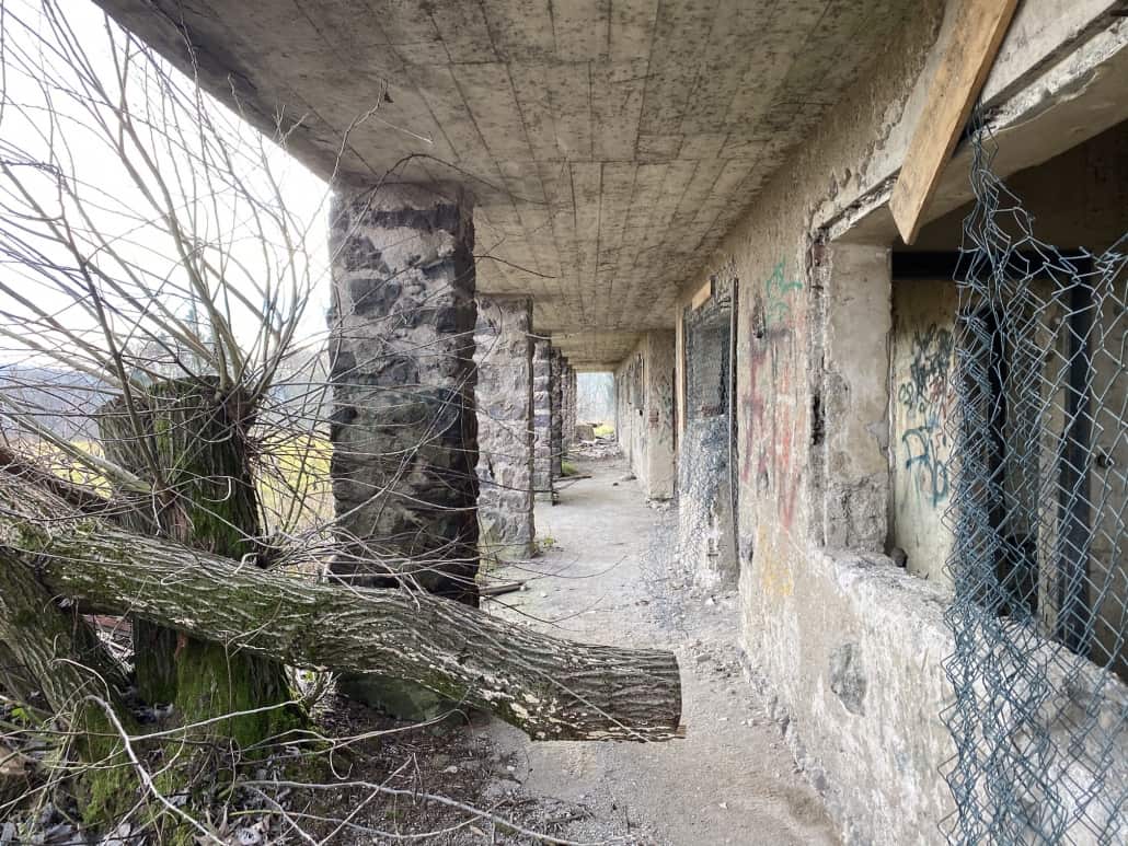 Lost Place in der Eifel, Ehemalige Heimschule am Laacher See, Marodes Gebäude mit Baum