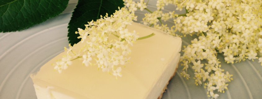 Holunderblüten-Joghurt-Kuchen ohne backen, mit Blüte